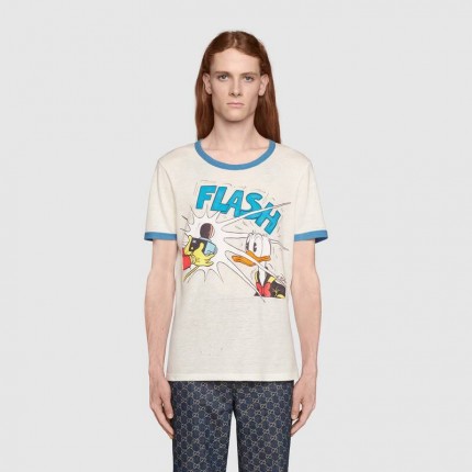 645302 Donald Duck print cotton linen T-shirt ivory