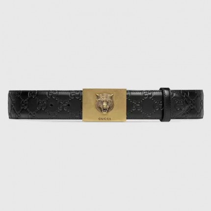 Gucci GG signature leather belt with feline buckle black  429021